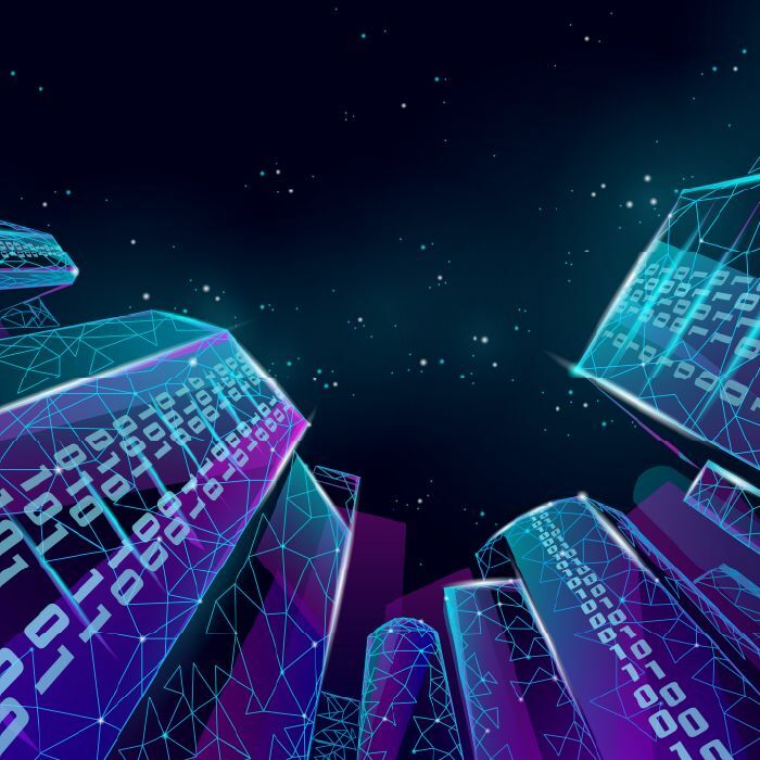 View from below looking up at high rise buildings. You're Doing IoT RNG.