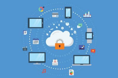 Illustration of a cloud with a lock surrounded by electronics