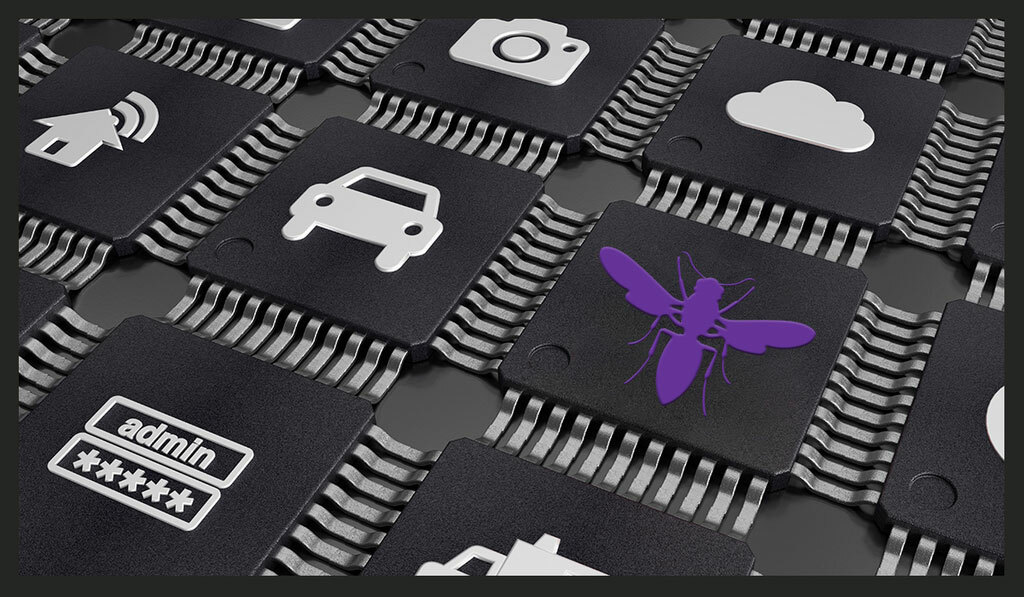 IoT devices icons stacked on semiconductor chips to represent connectivity and security.
