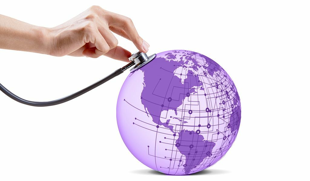 Hand extended out taking pulse of a world globe with a stethoscope