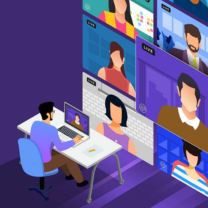 Illustration of man sitting at a desk large projection screen with others in video conference