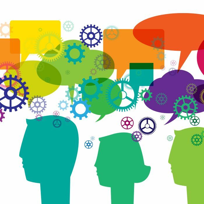 Illustration of two men and a woman's profile conversation bubbles gears above them