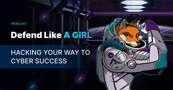 Defend like a girl livestream white title on dark background with female for in space suit.
