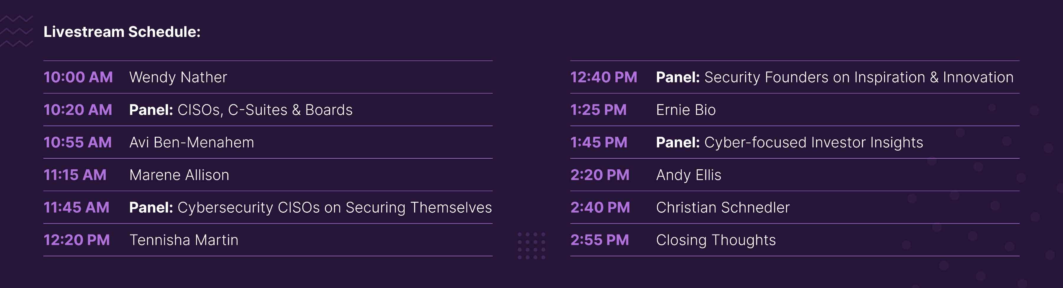RSAC Livestream Agenda listed on dark background.