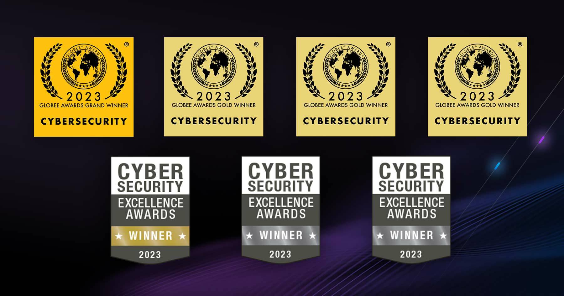Logos of the seven awards won by Bishop Fox in Q1 2023 on dark background.
