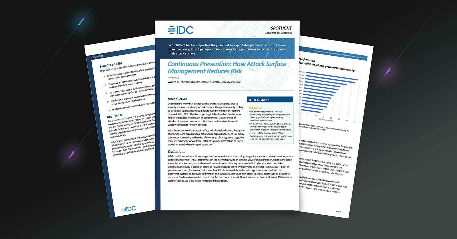 Preview of three pages of the IDC report on how attack surface management reduces risk on dark purple background.