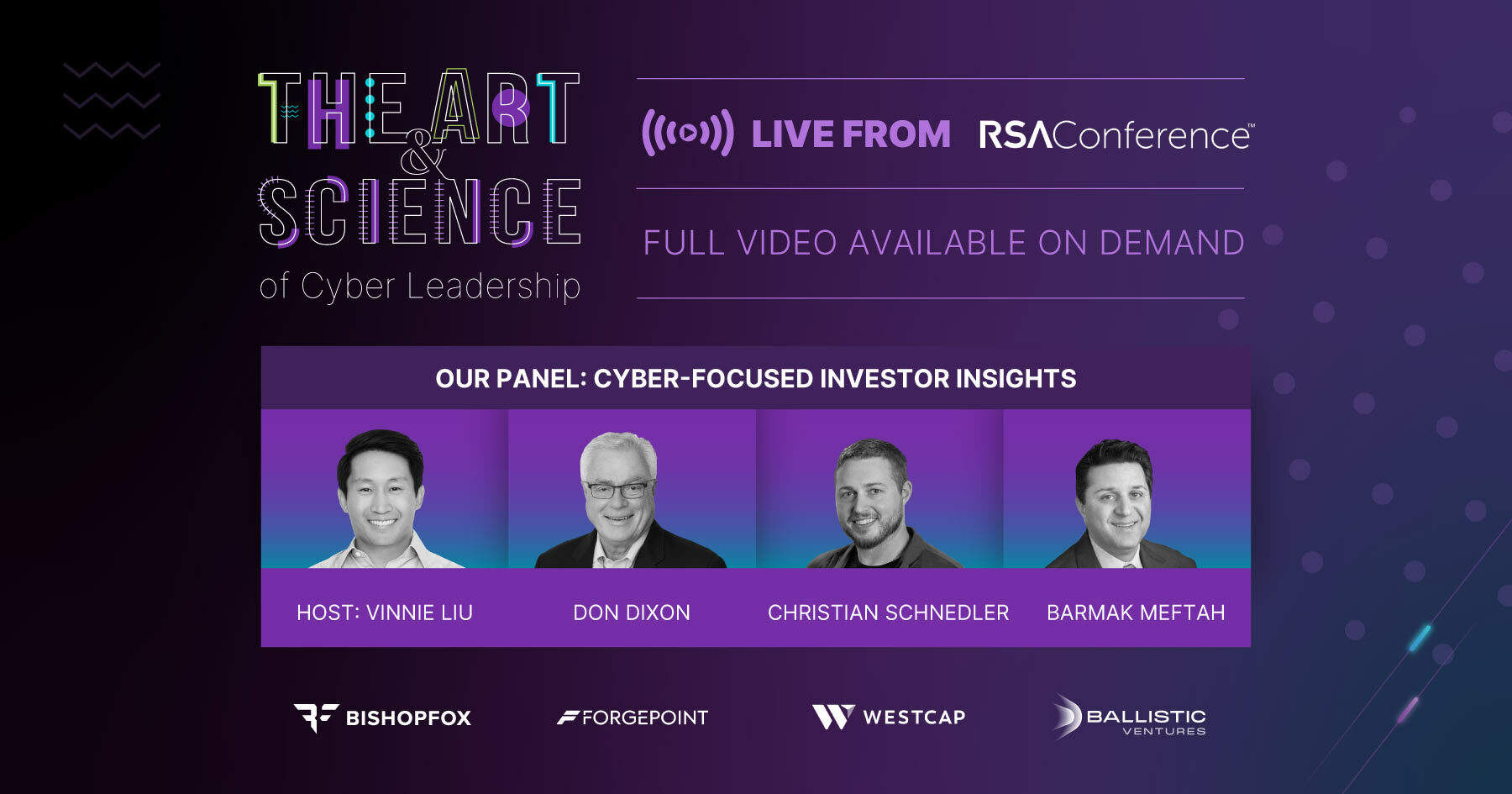 Headshots of panelists of the RSAC 2023 "Cyber-focused Investor Insights" session.