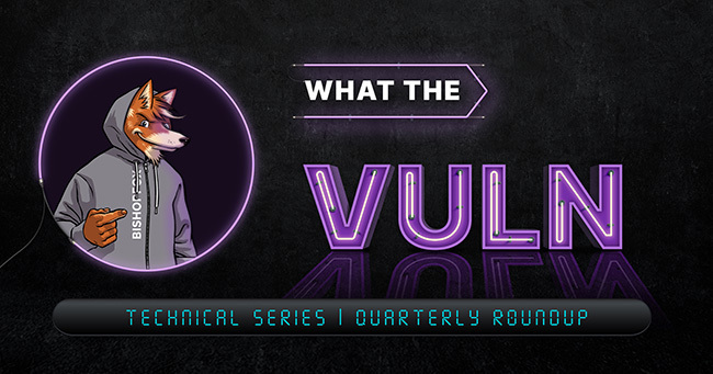 What the Vuln neon logo with the subtitle: Technical Series Quartely Roundup subtitle and featuring a fox in a hoody pointing to the logo..