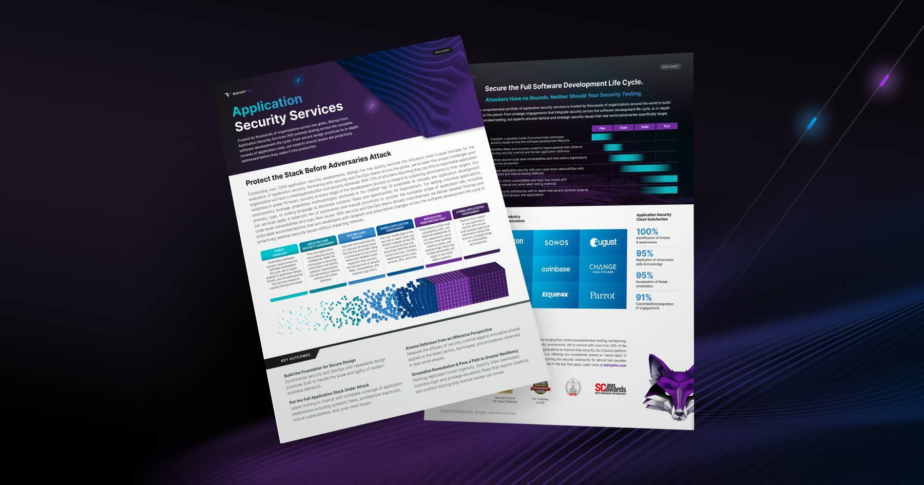 Preview of the Application Security Portfolio Datasheet on dark background.