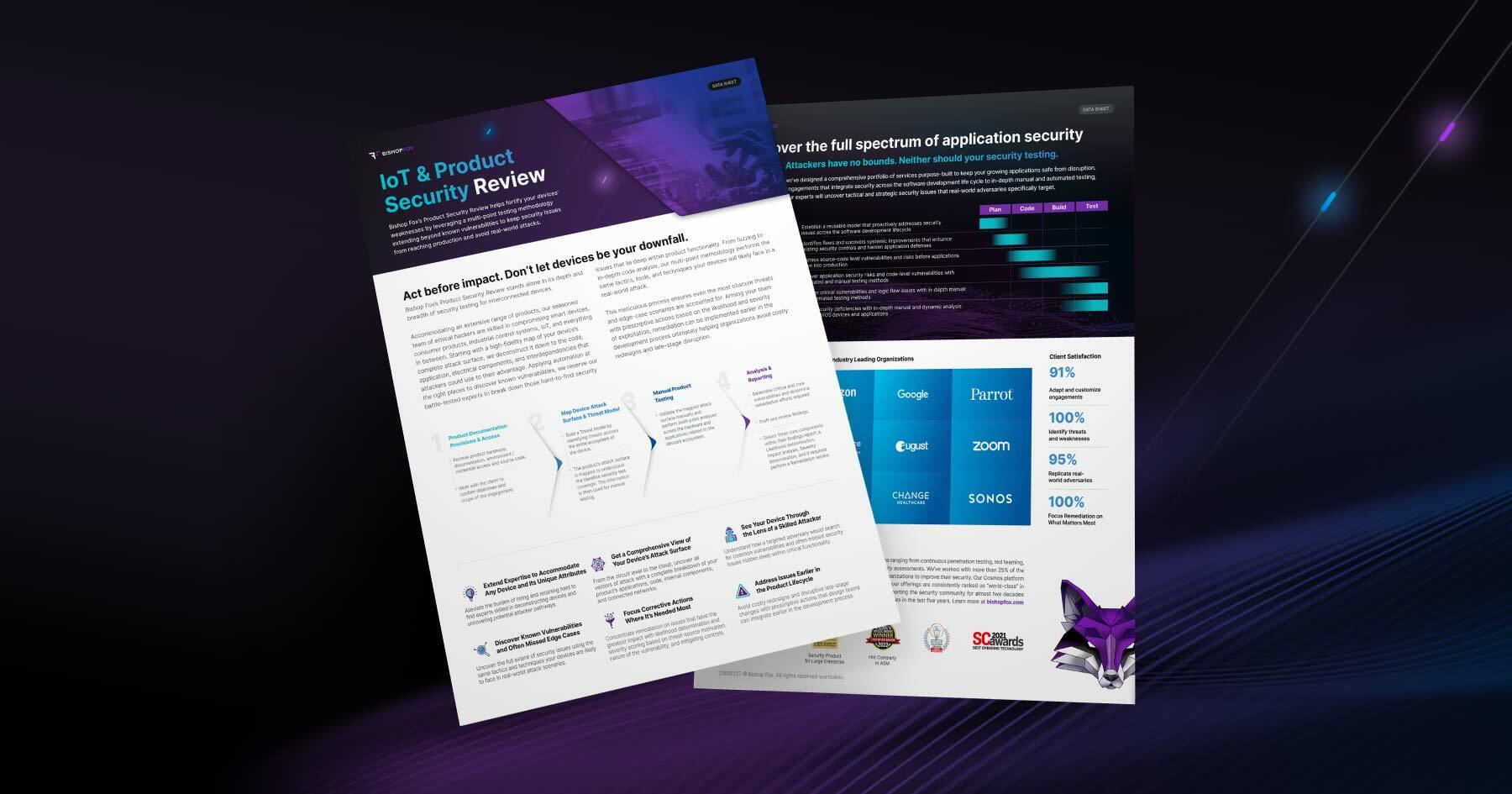 Cover pages preview of the Product Security Review datasheet on dark background.