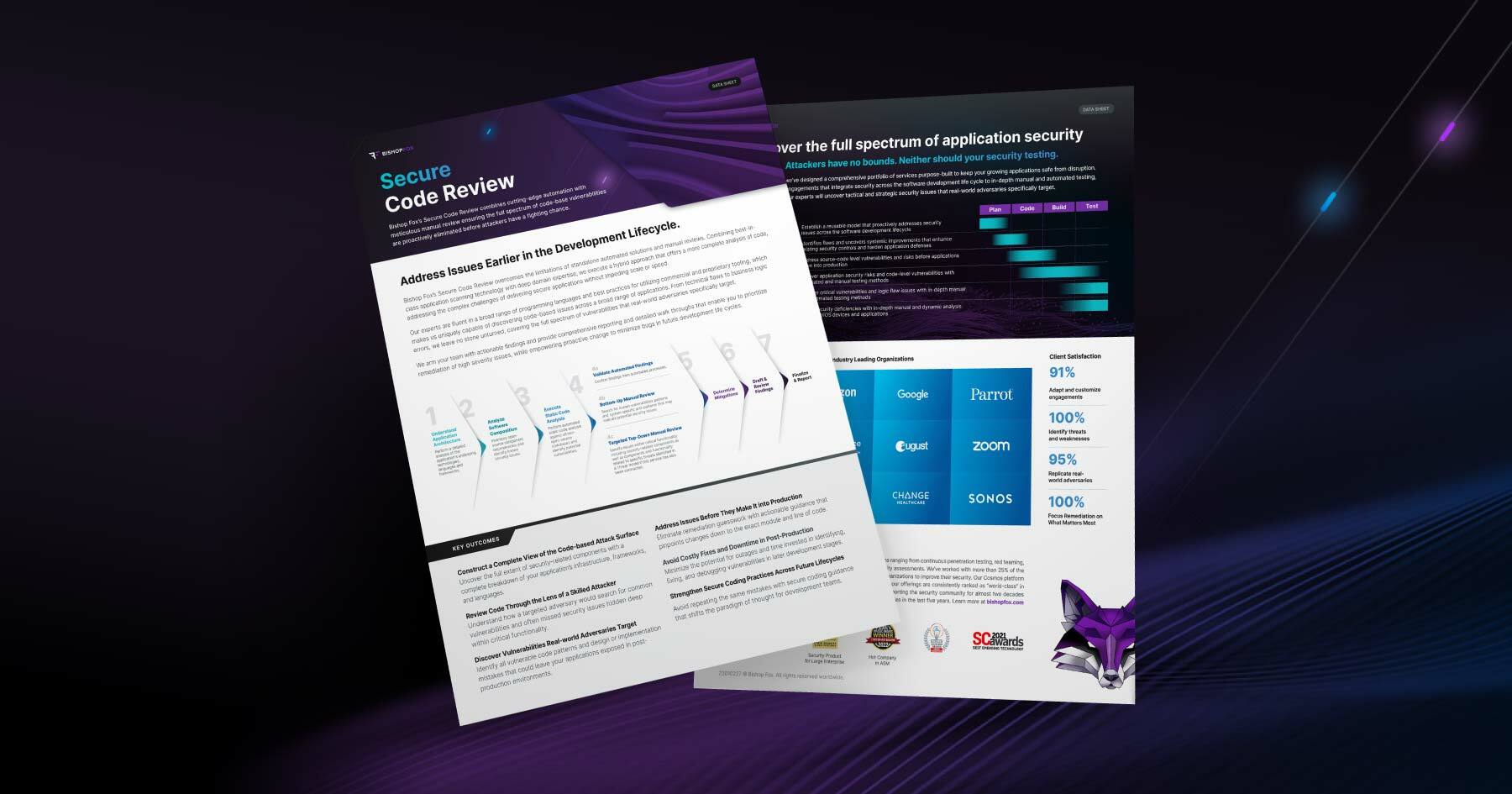 Cover pages of the Bishop Fox Secure Code Review on dark background.