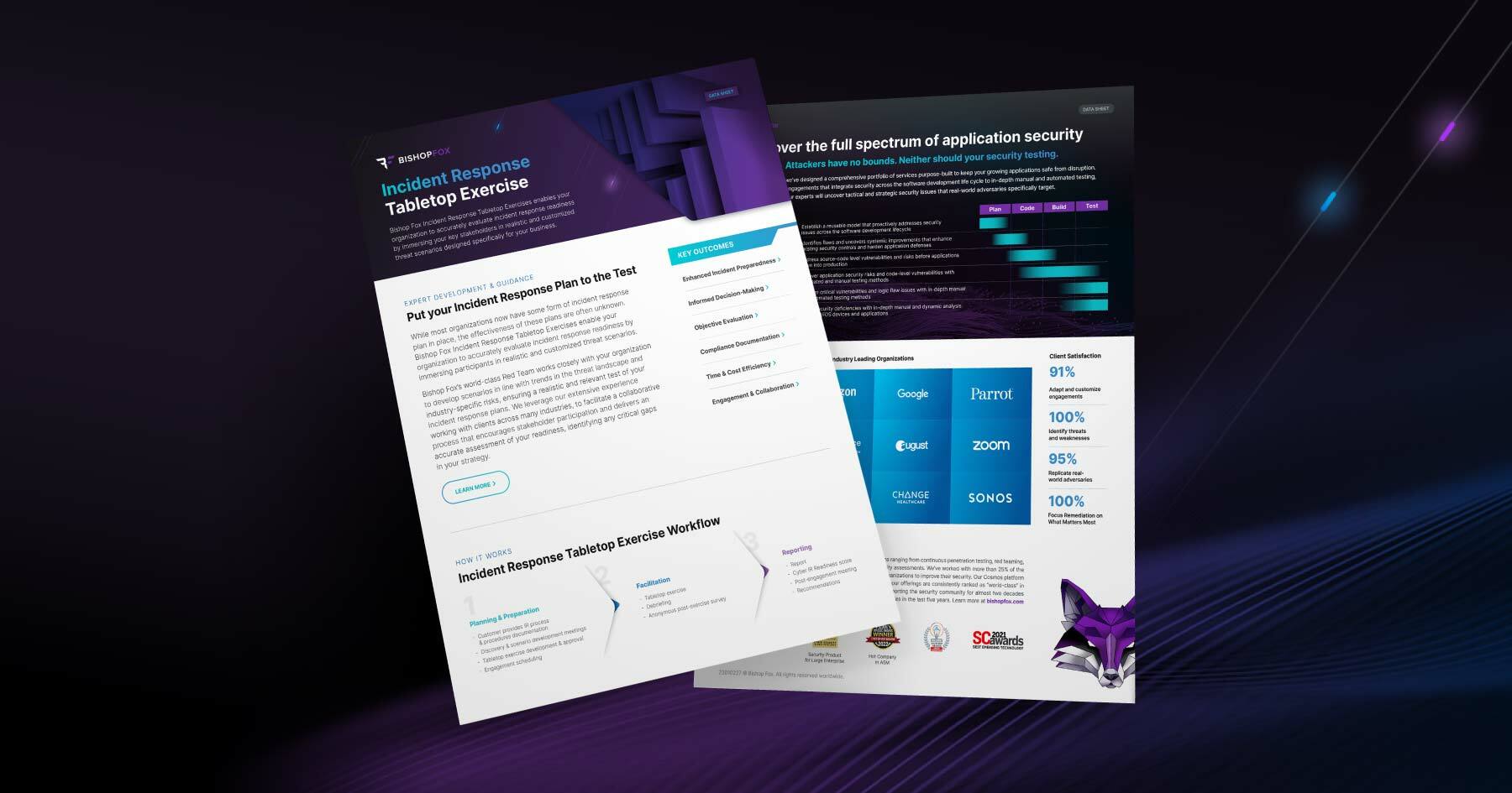 Preview of the cover pages of the Bishop Fox Incident Response Tabletop Datasheet on dark background.