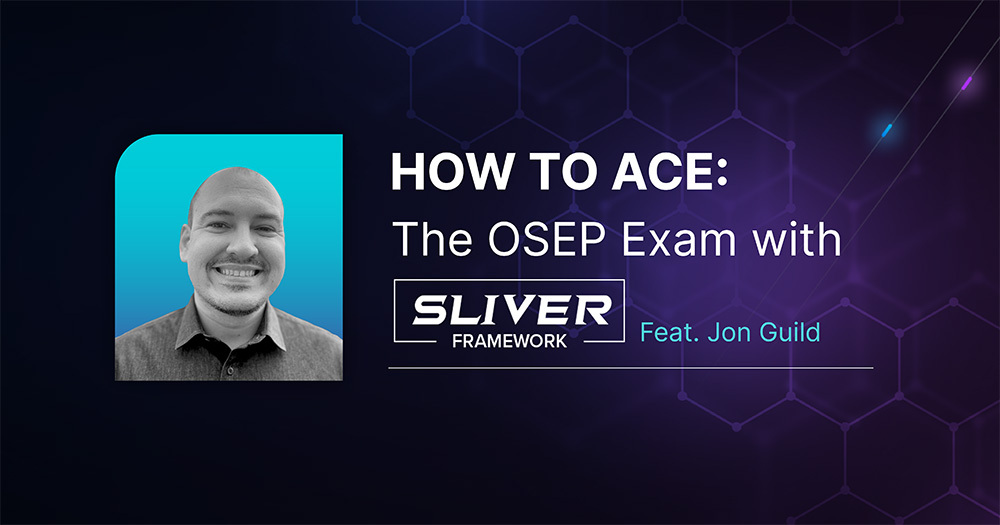 Video thumbnail featuring the speaker headshot, Jon Guild, and the title of the webcast: How to Ace the OSEP exam with the Sliver Framework.