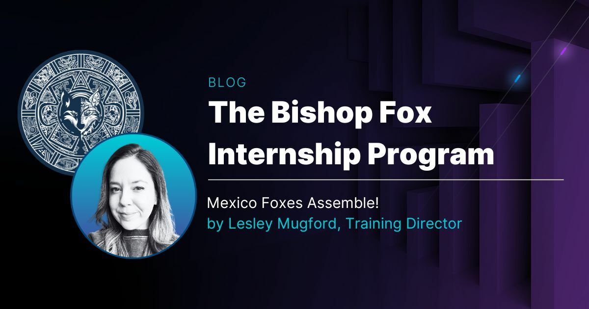 Black and dark purple background with white letters. Left side has a circle with headshot of author and teal background. Bishop Fox Mexico circle medallion logo overlapping with speaker headshot image.