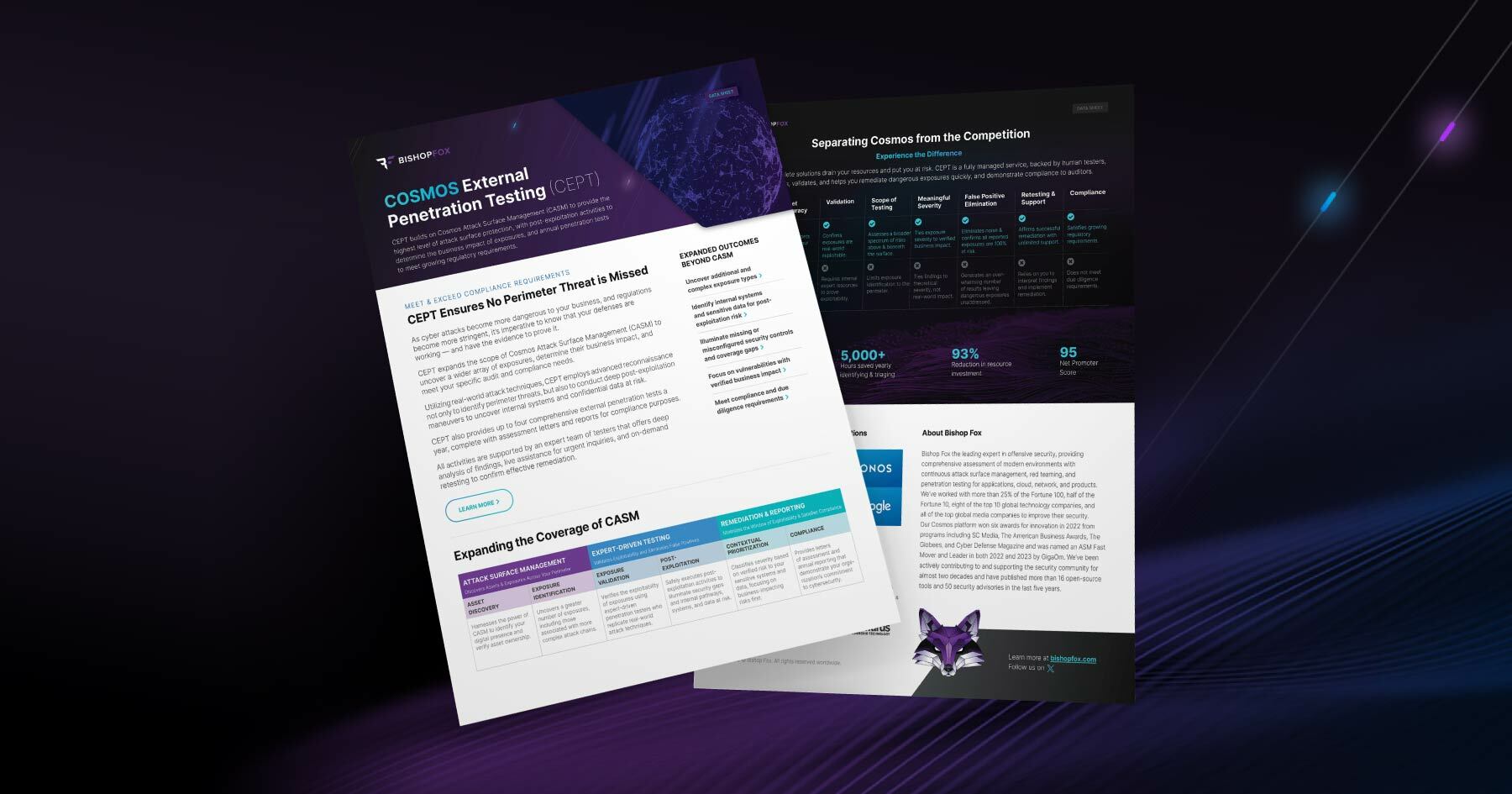 Managed Security Service: Cosmos External Penetration Testing (CEPT) datasheet pages thumbnail floating on dark background..
