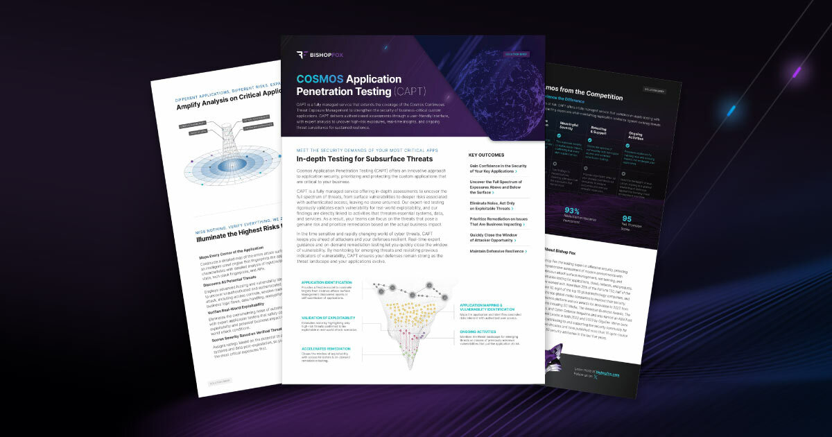 Managed Security Service: Cosmos Application Penetration Testing (CAPT) datasheet pages floating on dark background.