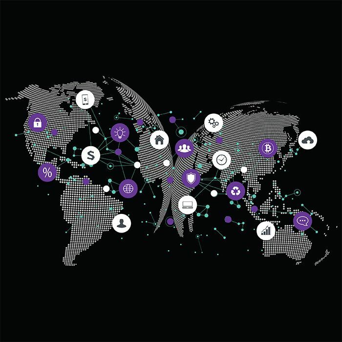 Illustration of world map depicting privacy transactions done in many countries all over the world