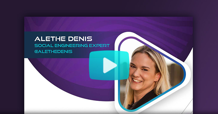 Video thumbnail with overlay play button featuring headshot of cybersecurity expert, Alethe Denis.