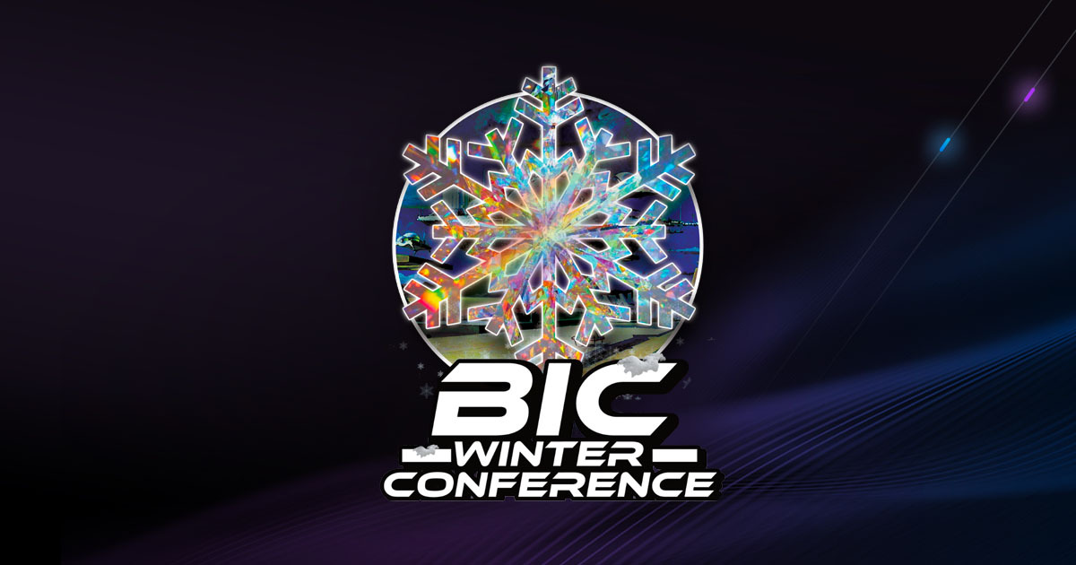BIC Winter Conference 2023 logo with snowflakes on dark background.