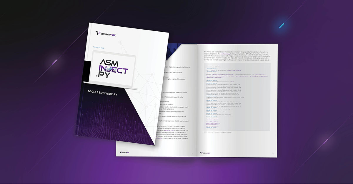 Preview cover page of the asminject.py technical guide highlighting the capabilities of it, a Linux code injection security tool.