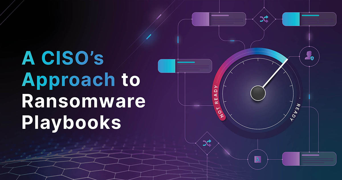 Dark purple background with a gauge. A CISO's Approach to Ransomware Playbooks