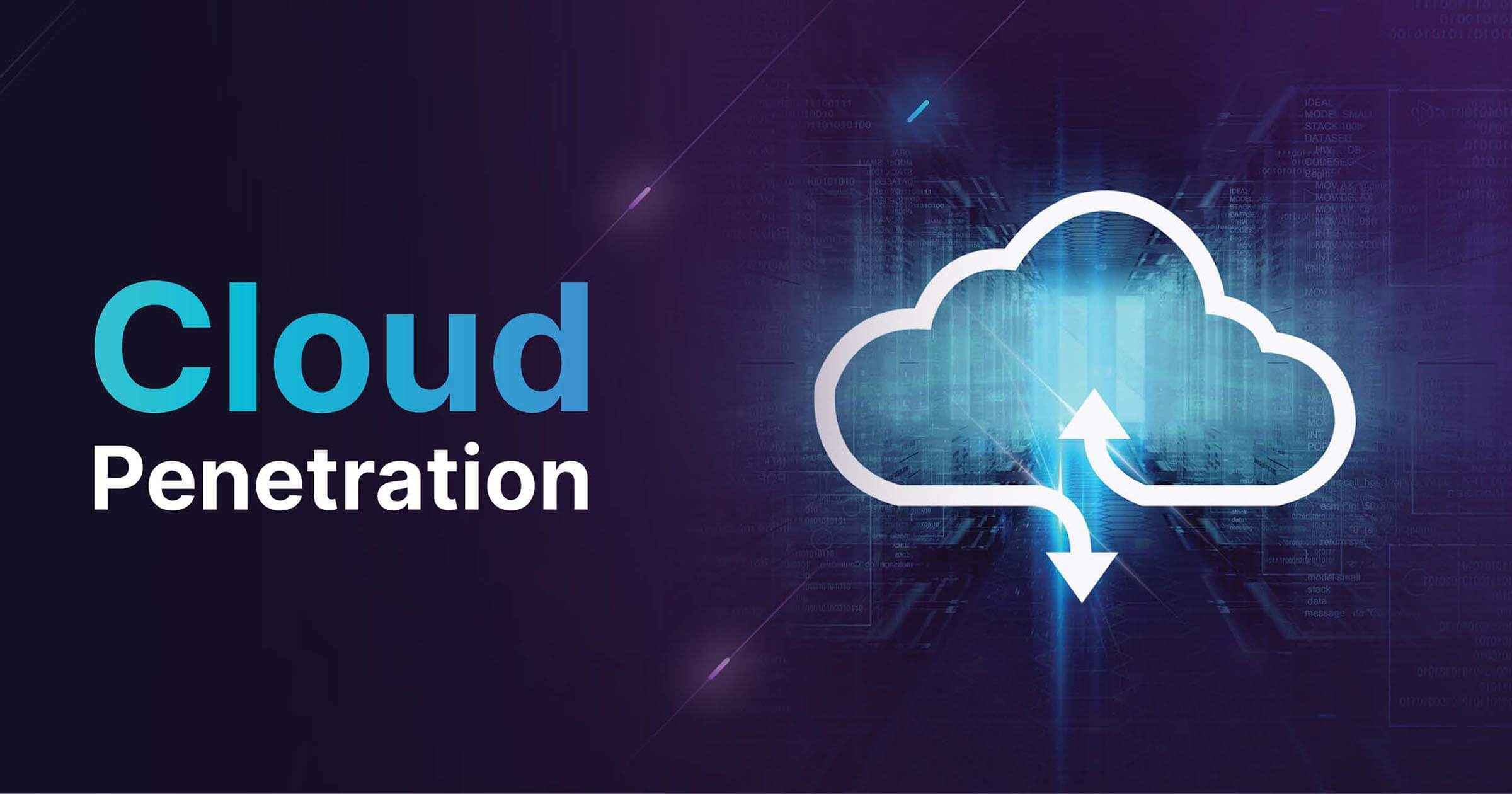 Dark purple background with white cloud outline on right side. Cloud is connected at bottom with arrows pointing up and down.