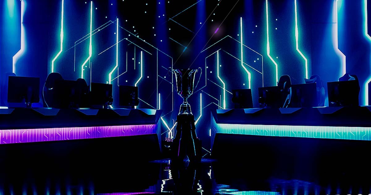Capture the Flag to Advance Your Hacking Skills. Large black trophy surrounded by light purple and light blue vertical shining lights on black background.
