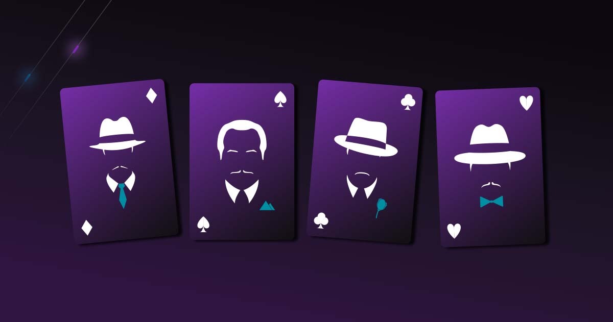 Purple playing cards with men's faces silhouette with white hats, hair, eyebrows and mustaches. On black background.