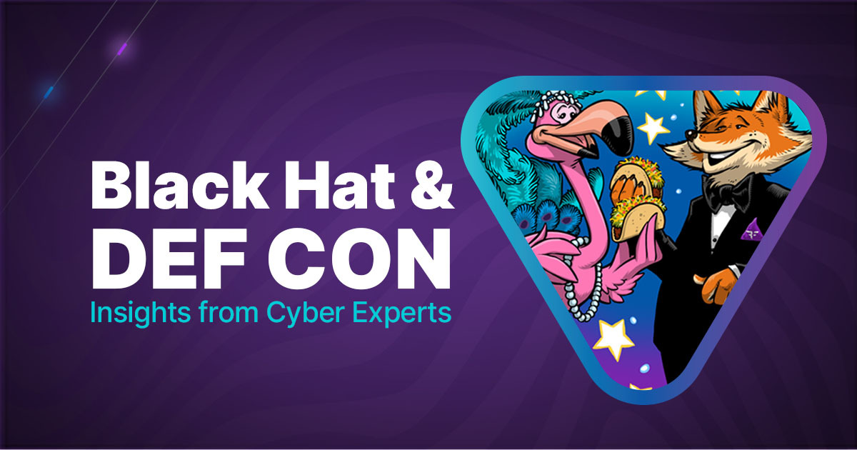 Purple background with title: Black Hat & DEF CON Insights from Cyber Experts. Triangle on right side with fox and flamingo inside eating tacos