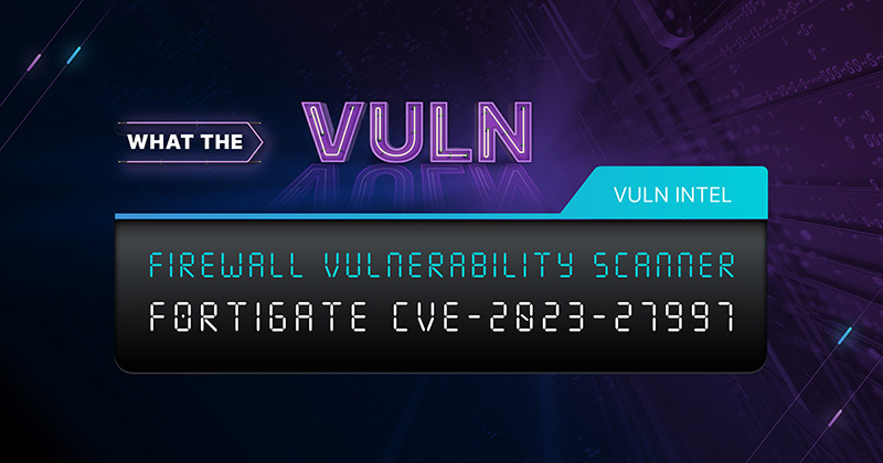 Corporate purple fox design on right side with purple and black background with the text Vulnerability Scanner for FortiGate Firewalls on top.