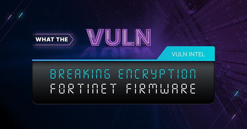 What the Vuln series with purple background, neon purple, white, and teal letters of title Breaking Fortinet Firmware Encryption and Bishop log in bottom left.