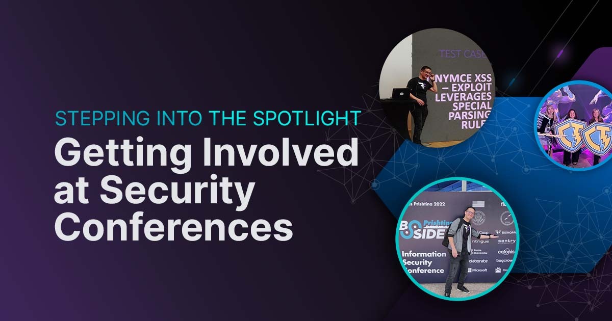 Dark Purple Background with three circles containing photos of security consultants speaking at security conferences and title: Stepping into the Spotlight Getting Involved at Security Conferences