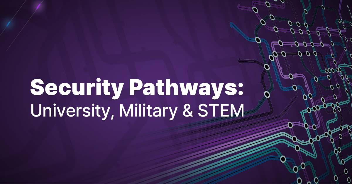 Security Pathways: University, Military & STEM on purple background. Pathways to Security: A Look at University, Military and STEM Programs.