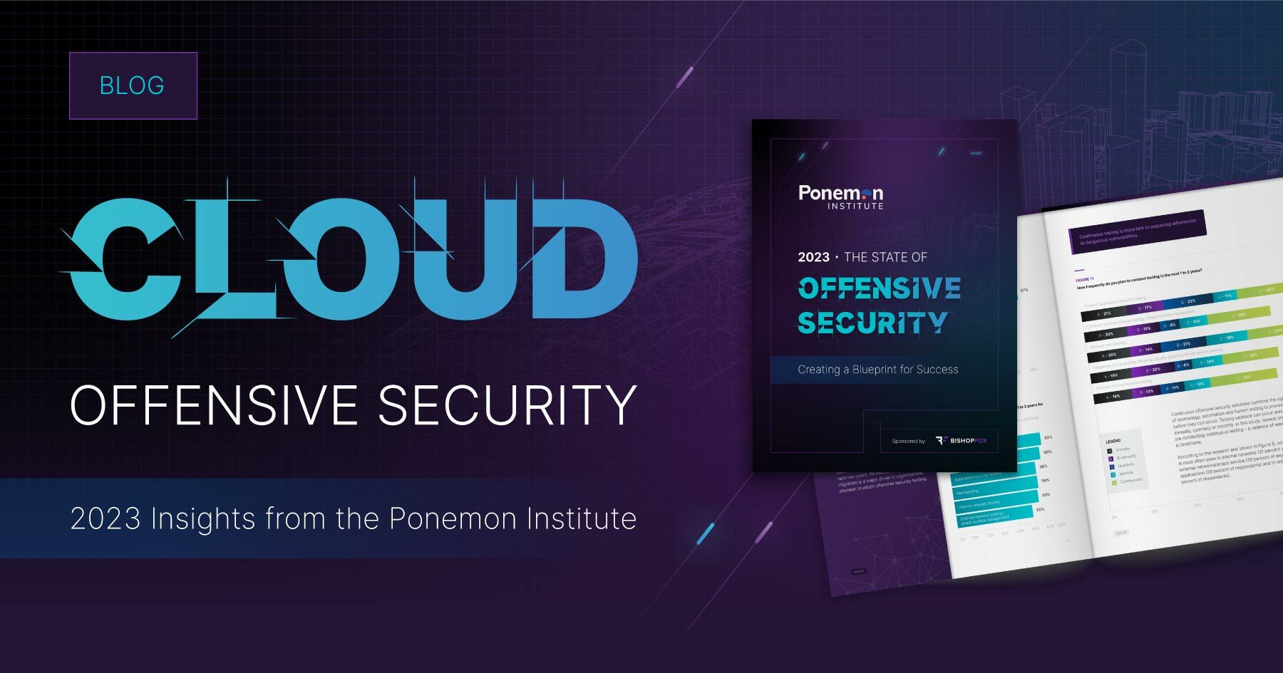 Dark purple background wiht turquoise and white title letters. A sample report is on the right side of the design.