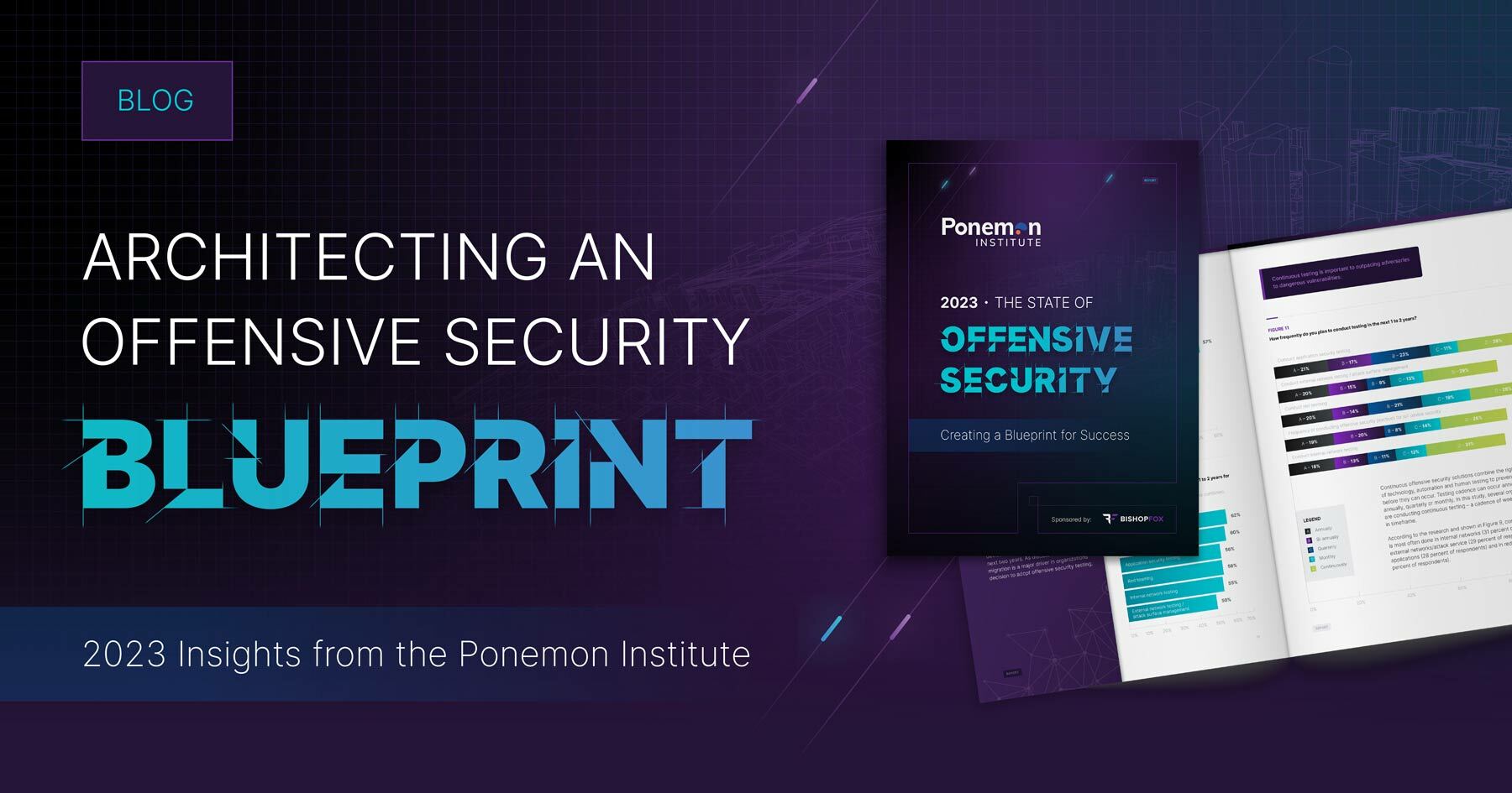 Dark purple background with report design on right side with text and bar graphs featuring architecting an offensive security blueprint.