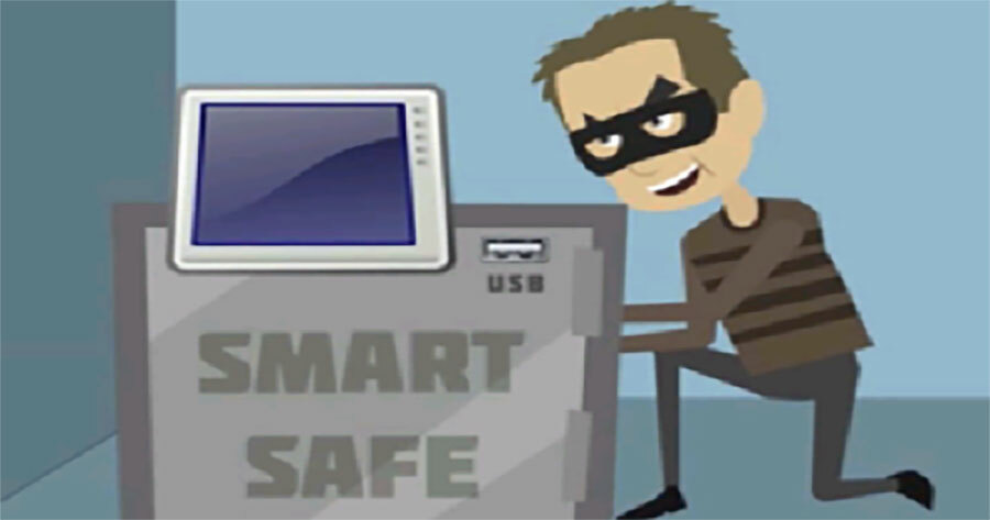 Cartoonish hacker hijacking a smart safe via maliciously programmed thumb drives plugged into its exterior USB port.