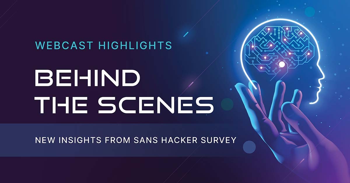 Text that says: Behind the Scenes New Insights from SANS Hacker Survey. Glowing hand holding head with computer-like brain.
