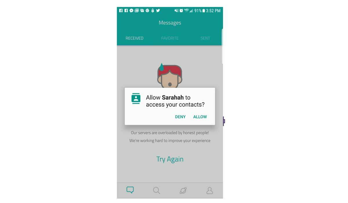 Pop up allow Sarahah to access your contacts Hot New ‘Anonymous’ Chat App Hijacks Millions of Contact Data