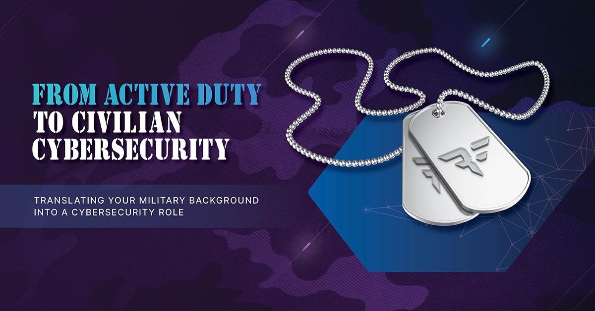 Dark Purple Background with silver military ID tags and Bishop Fox logo and text that says from active duty to civilian cybersecurity