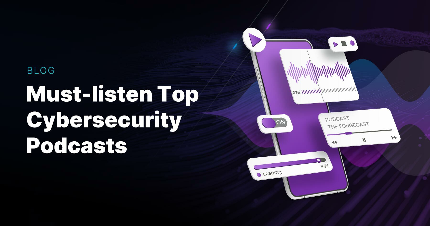 Black background with purple podcast screen on right side of image.