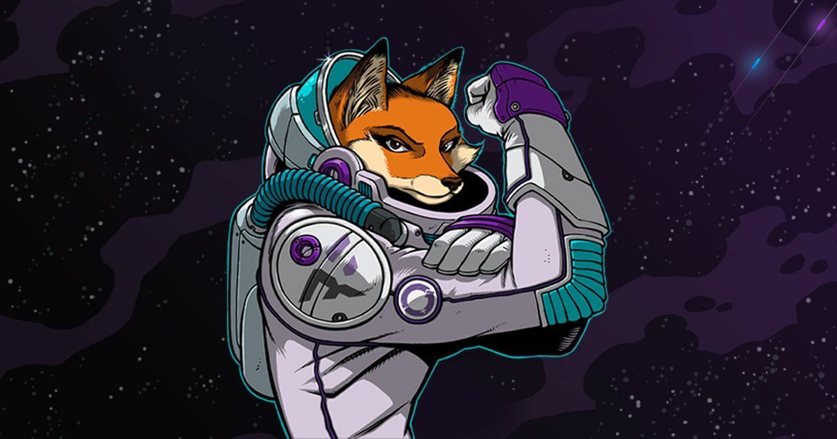 Illustration of cartoon female fox in space suit