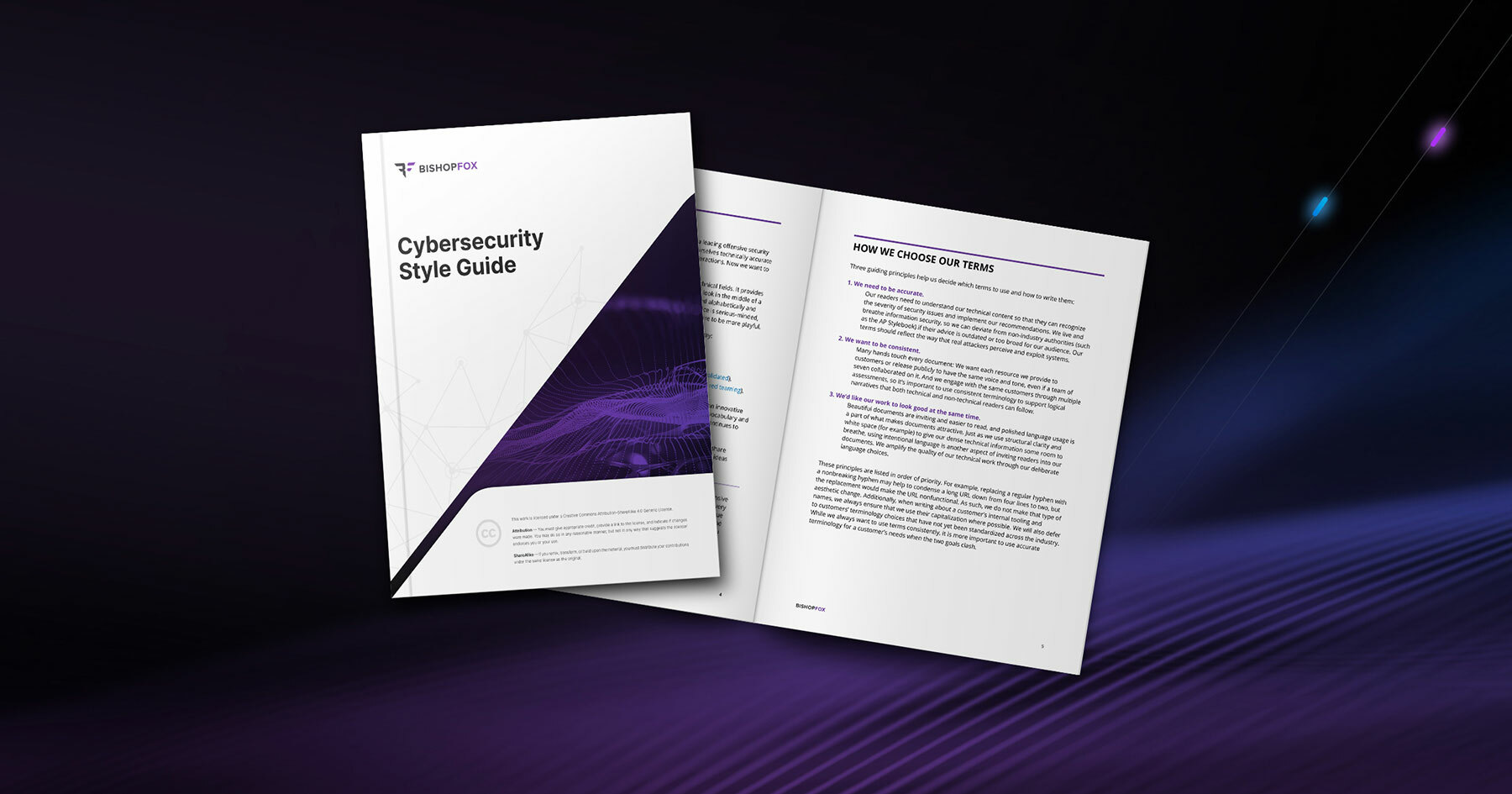 Preview of the Bishop Fox cybersecurity style guide pamphlet on dark purple background.