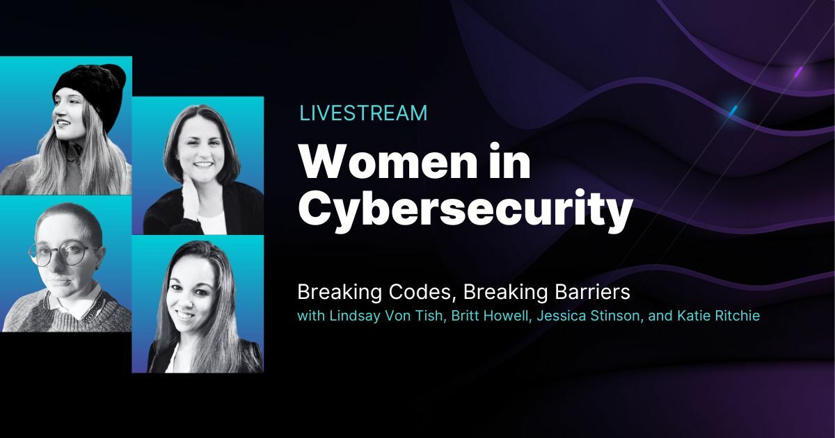 Dark purple and black background with white and teal letters. Headshots of four panelists on left side with teal backgrounds.