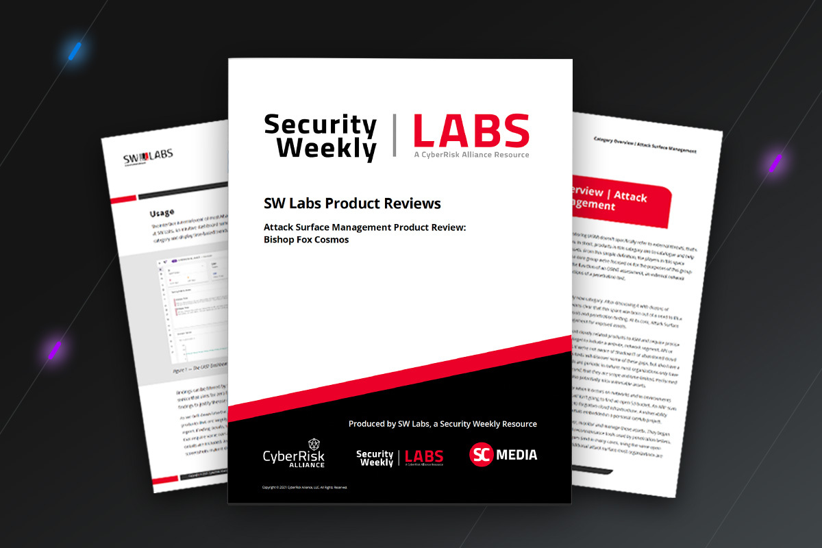 Security Weekly Labs Product Reviews: SW Labs Attack Surface Management Category Overview, sponsored by Bishop Fox, preview of cover page and two internal pages