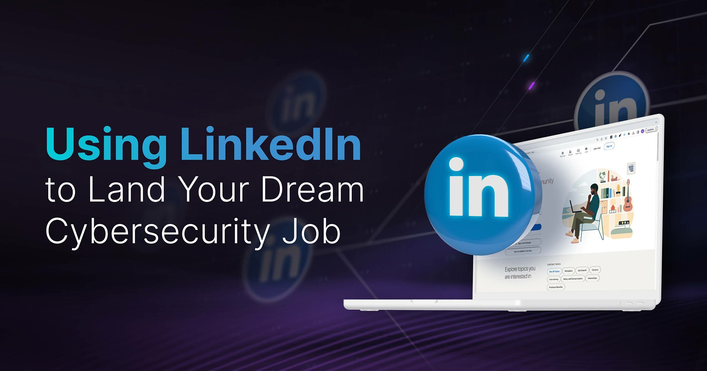 Dark purple background with LinkedIn logo in bubble in front of laptop computer screen