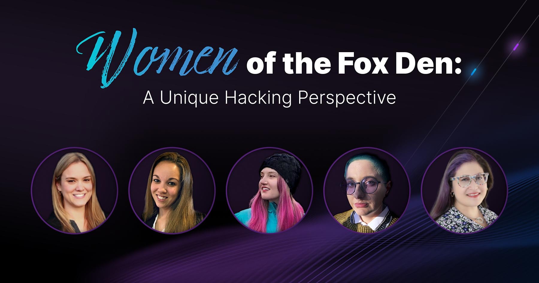 Headshots of five women featured on webcast with a dark purple and black background.