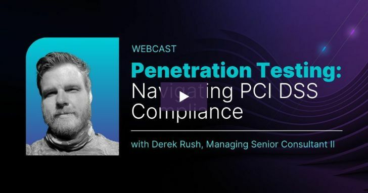 Headshot of speaker Derek Rush with title text "Penetration Testing: Navigating PCI DSS Compliance"