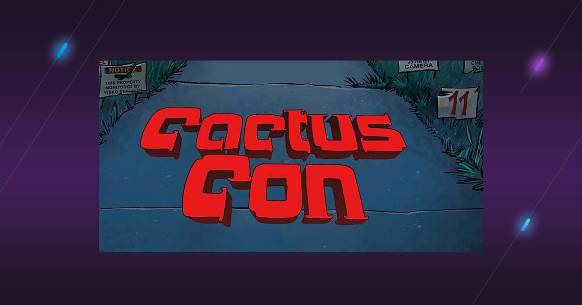 Cactus Con 11 logo with 3D red lettering on dark grey road with old warning signs.