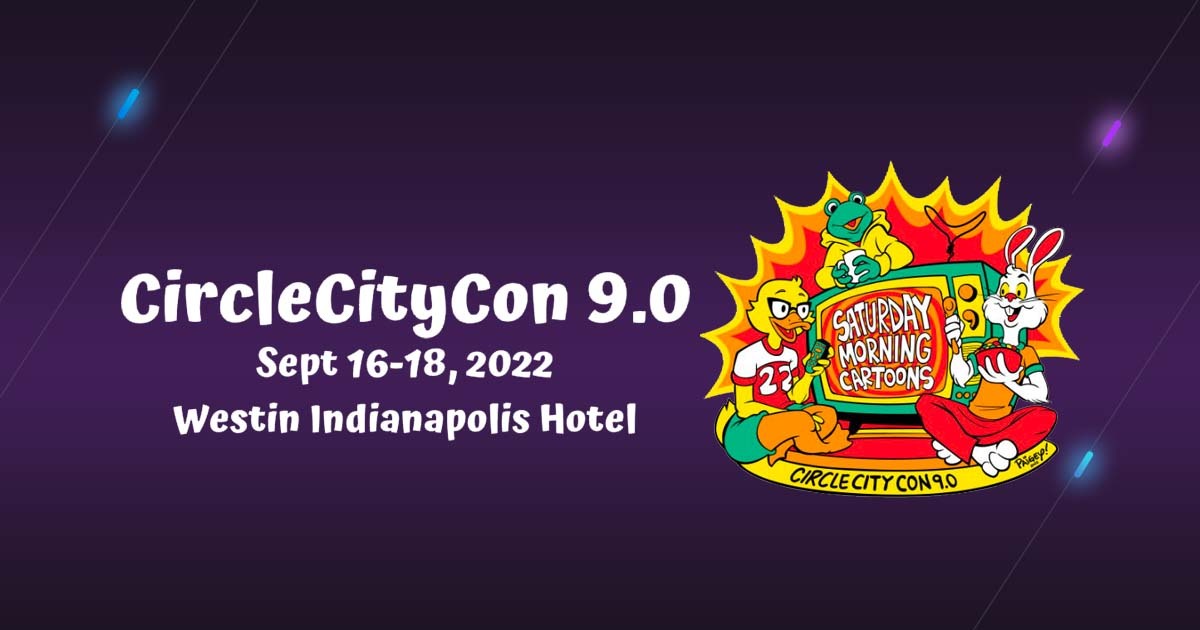 Bishop Fox sponsors CircleCityCon 9.0 Sept 16-18, 2022 at Westin Indianapolis Hotel with event logo on dark purple background.