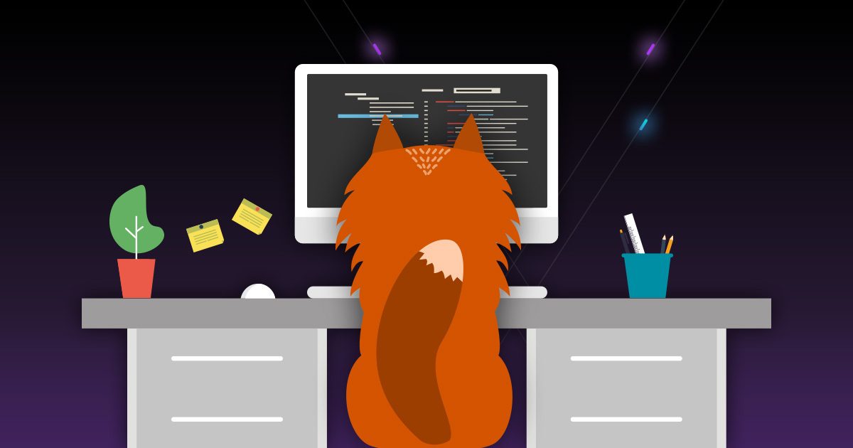 Illustration of fox sitting at desk on computer